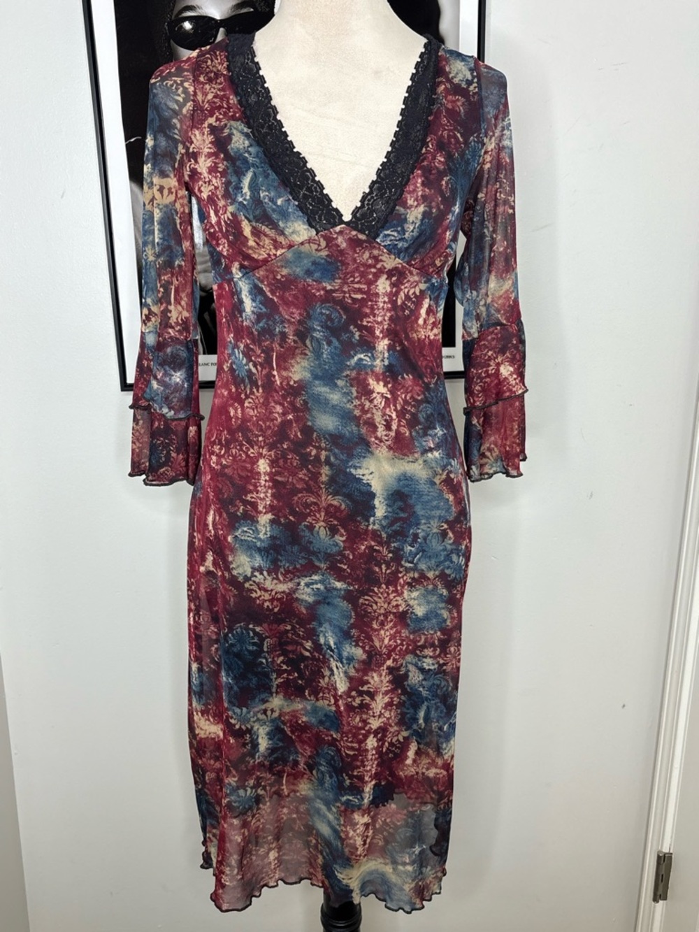 Bisou Bisou Burgundy, Blue & Cream V-Neck Lace Trim Dress